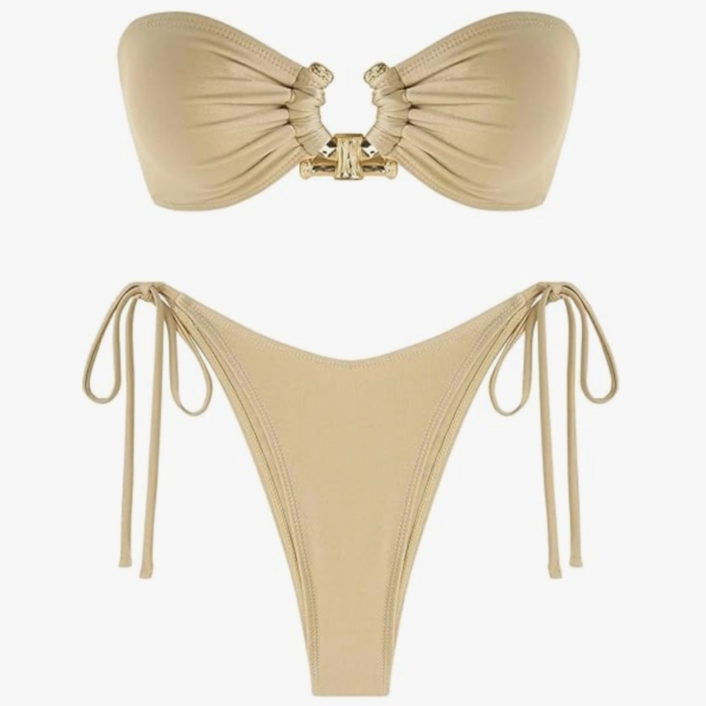 Bandeau Bikini Set with Gold Ring Accent